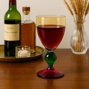 Vintage Multicolor Art Glass Goblet – Amber, Green & Magenta Stemware